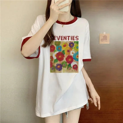 着せ 配色 プリント ロング Tシャツ 四色 ゆったり半袖 ＜U-3019＞