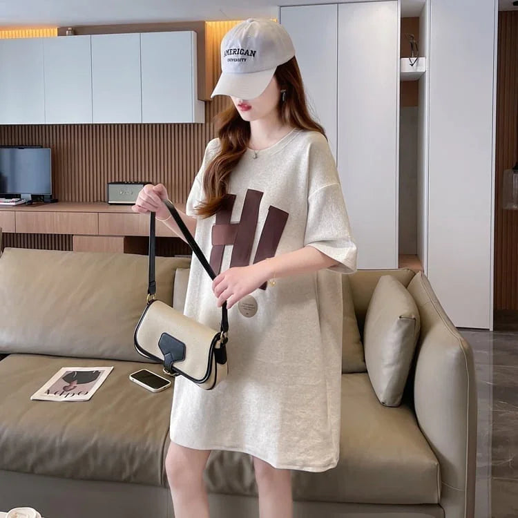 ファッション ロング プリントTシャツ 丸襟 半袖＜U-2807＞