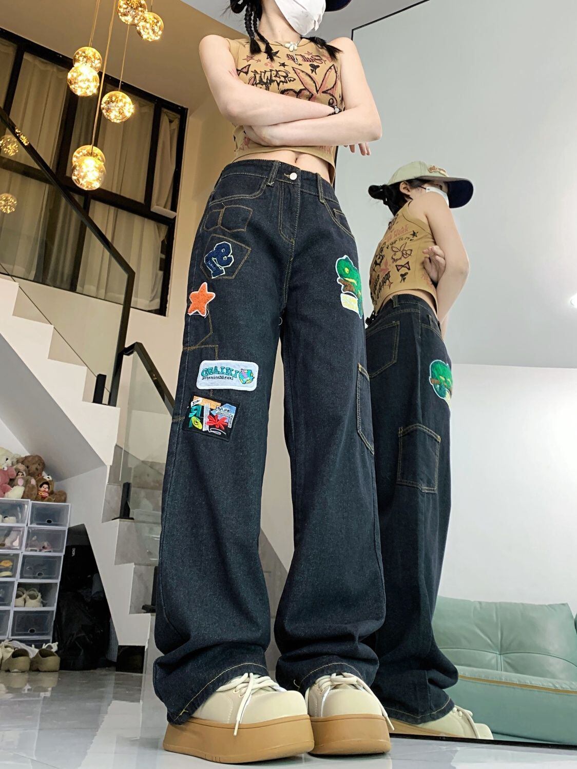 ファッション感満々 着回し力抜群 個性的なデザイン デニム ワイドパンツ＜U-9769＞