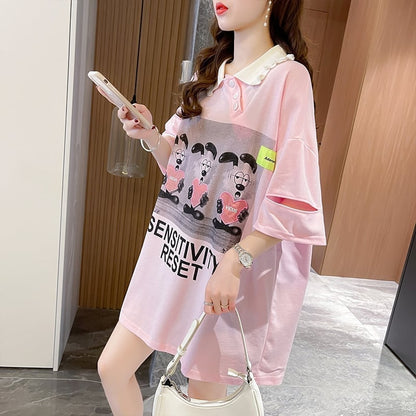 夏新作 アルファベットプリント POLOネック ロング Tシャツ ゆったりワンピース ＜U-3038＞