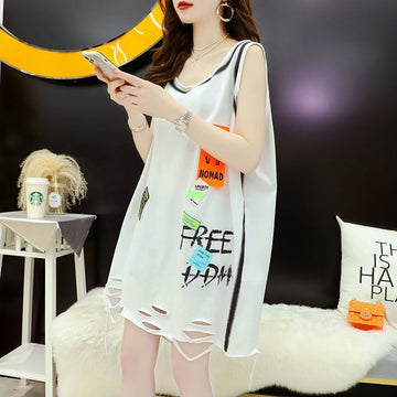 今季マストバイ ダメージ加工 デザイン性抜群 プリント全2色 ノースリーブ Tシャツ カットソー＜U-9141＞
