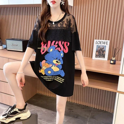 ファッションデザインレースミドル丈半袖Tシャツ<U-3017>
