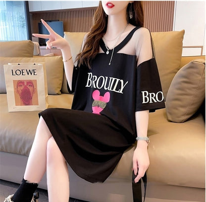 売り切れ必至 Vネック セクシー 切り替え チュール プリントTシャツ ゆったりワンピース ＜U-3050＞