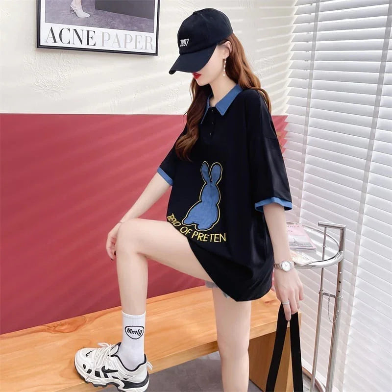 韓国系 ウサギちゃん POLOネック プリントTシャツ 三色 ゆったり半袖 ＜U-3056＞
