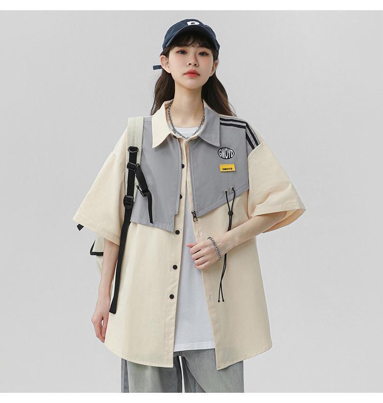 シンプルだけど一癖あるコーデ 切り替え レイヤード風 全2色 半袖Tシャツ<U-9046>