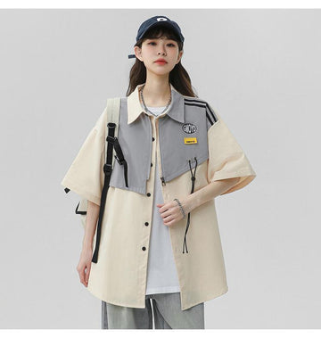 シンプルだけど一癖あるコーデ 切り替え レイヤード風 全2色 半袖Tシャツ<U-9046>