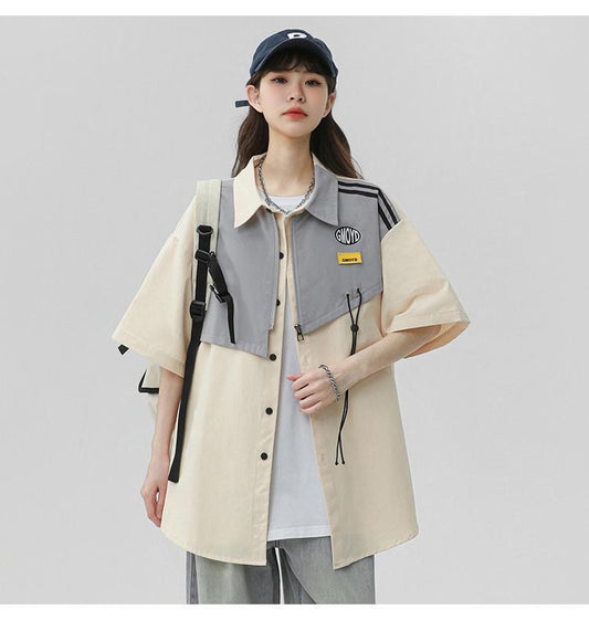 シンプルだけど一癖あるコーデ 切り替え レイヤード風 全2色 半袖Tシャツ<U-9046>