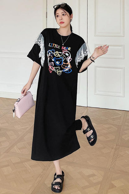 おすすめ レース ファッション 切り替え プリント Tシャツ カットソー ワンピース＜U-8535＞