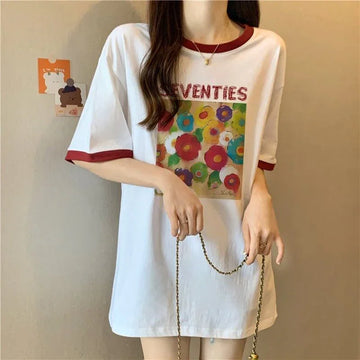 着せ 配色 プリント ロング Tシャツ 四色 ゆったり半袖 ＜U-3019＞