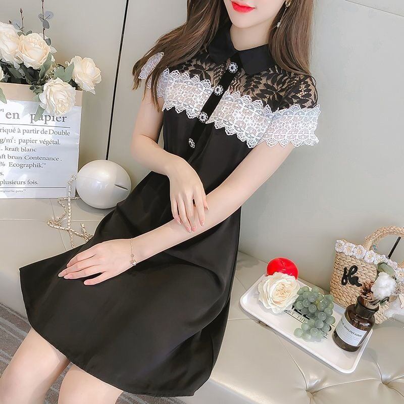 大好評 上品 美人度アップ レース 切り替え Aライン ワンピース <U-8889>