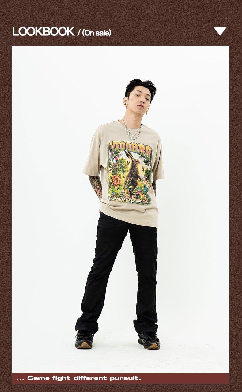 アメリカンレトロ絵画ウサギ半袖Tシャツカップル男女同スタイル<U-2910>