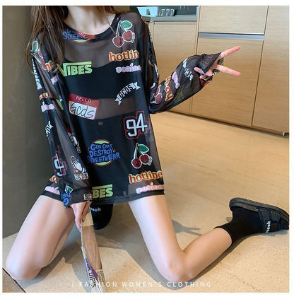 超人気 ルーズ 個性派 日焼け防止に透け感 Tシャツ＜U-8052＞