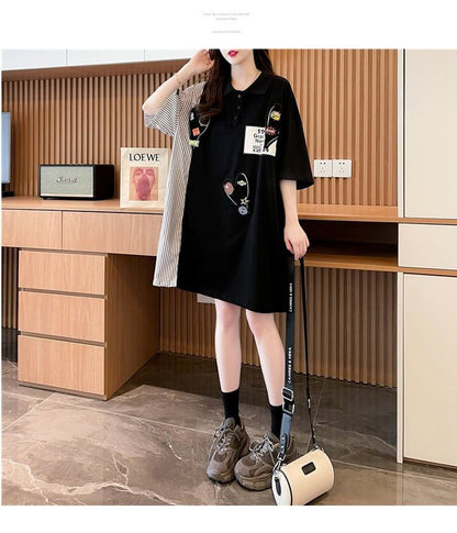 POLOネック 切り替え ストライプ柄 ロング Tシャツ ゆったりワンピース ＜U-3031＞