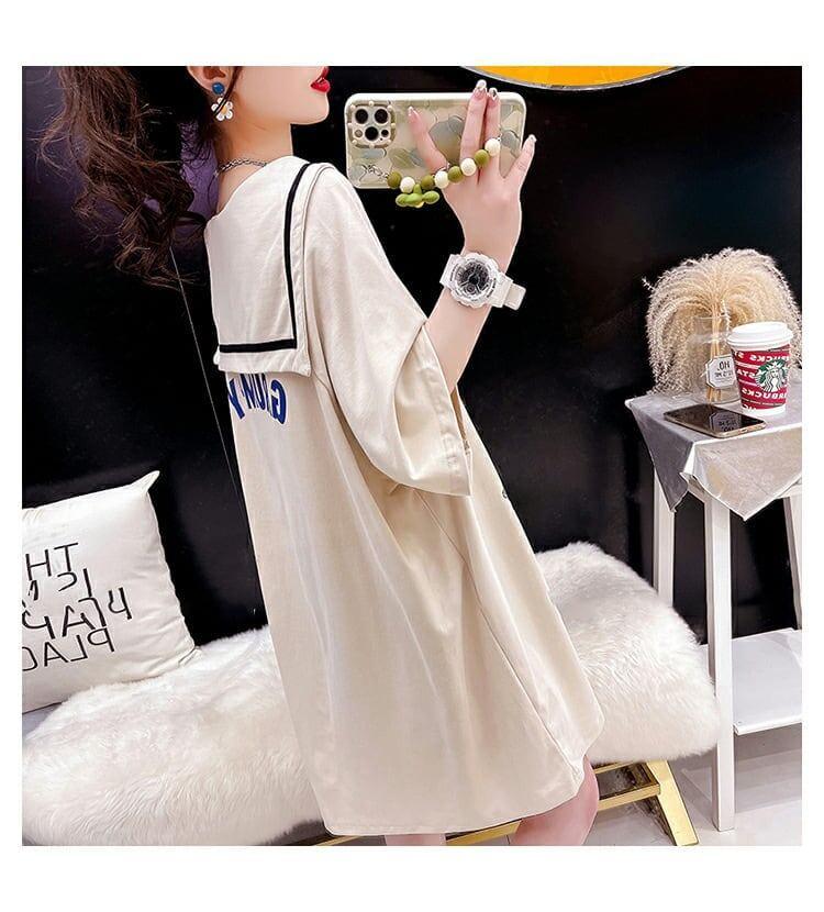 【半額！期間限定！！】絶対欲しい アルファベット セーラー襟 プリント ロング Tシャツ ゆったりワンピース ＜U-4020＞