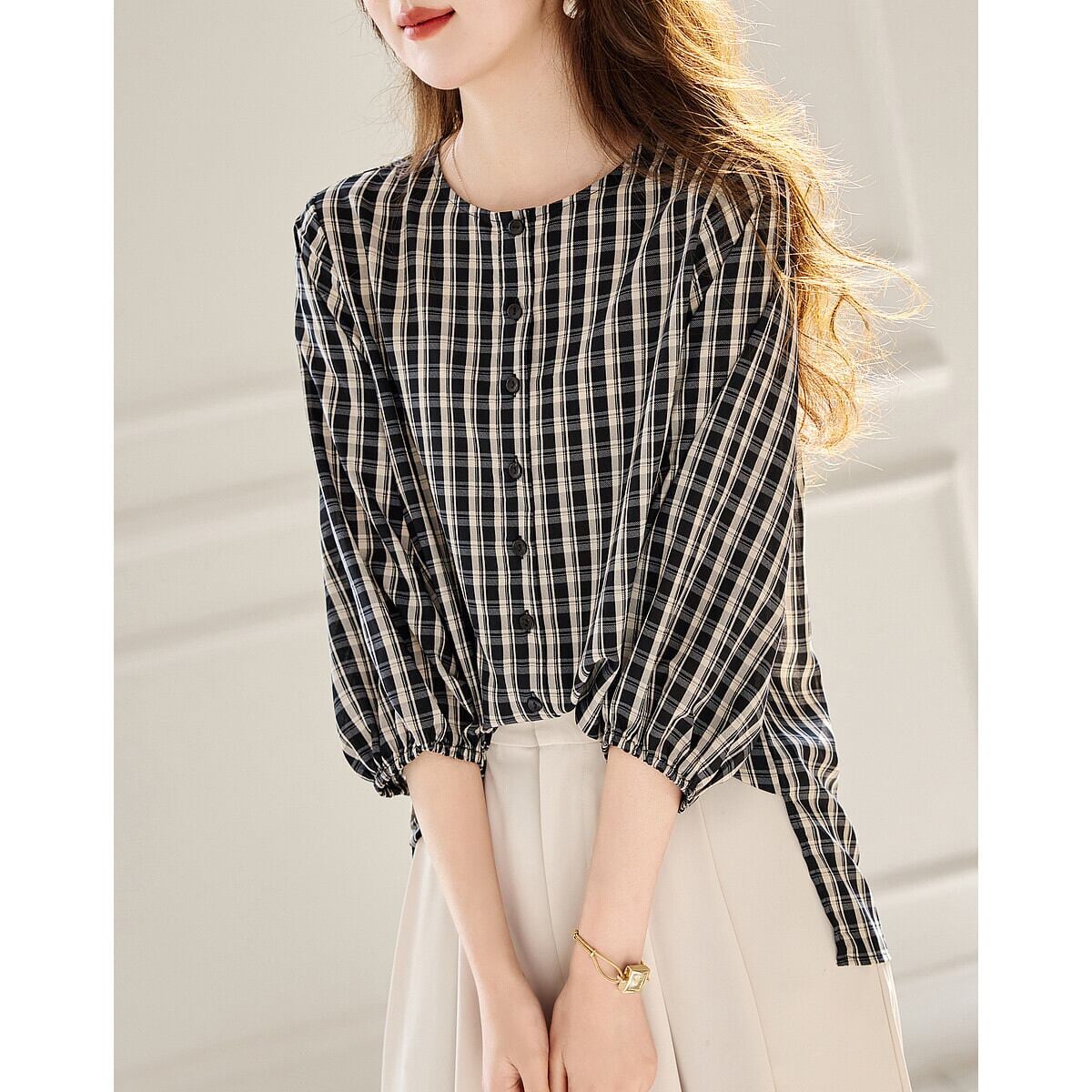 定番シンプル エレガント ゆったり感アップ チェック柄 Tシャツ カットソー＜U-8368＞