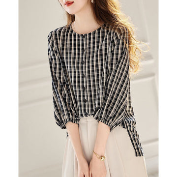定番シンプル エレガント ゆったり感アップ チェック柄 Tシャツ カットソー＜U-8368＞