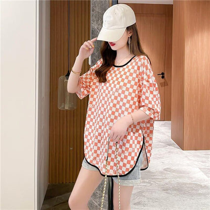 好感度満載 ラウンドネック 女性力を高める チェック柄 Tシャツ カットソー＜U-2985＞