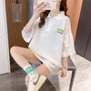 おすすめ POLOネック シンプル フリル ロング Tシャツ 三色 ゆったり半袖 ＜U-3055＞