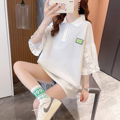 おすすめ POLOネック シンプル フリル ロング Tシャツ 三色 ゆったり半袖 ＜U-3055＞