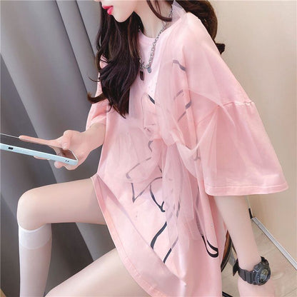 美人度アップ リボン スウィート プリント全2色 半袖Tシャツ<U-8726>