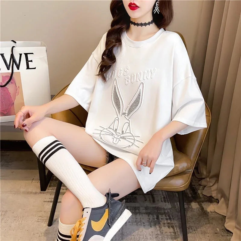 美人度アップ ウサギ ビジュー ロング Tシャツ 三色 ゆったり半袖＜U-2945＞