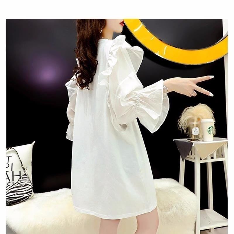 女子力アップ アルファベット パフスリーブ プリント ロングTシャツ ゆったりワンピース ＜U-3054＞