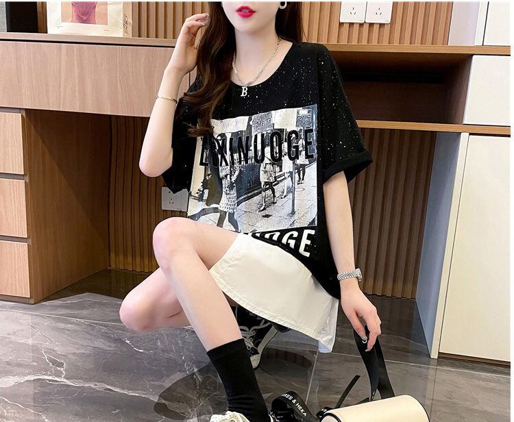 絶対流行 レイヤード風 レース プリント全2色 半袖Tシャツ<U-8821>