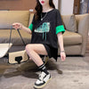 韓国系 プリント ラウンドネック ロング Tシャツ ゆったり半袖 ＜U-2988＞