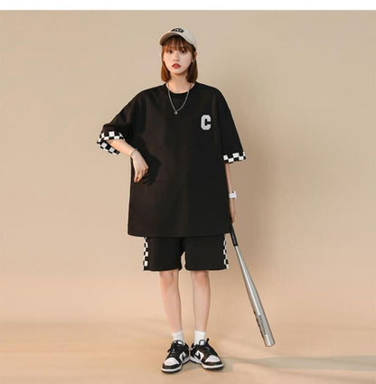 超人気  ルーズ アメリカンスタイルのカジュアルなクロップドジャケット<U-5164> 半袖Ｔシャツⅹパンツセット全2色 <U-8209>