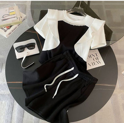 新商品 ホットダイヤモンド 絶対欲しい 切り替え 半袖 Tシャツ ショートパンツ セットアップ<U-8864>