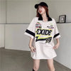 韓国系 オーバーサイズ POLOネック グラフィック ロング Tシャツ 三色 ゆったりワンピース＜U-4025＞