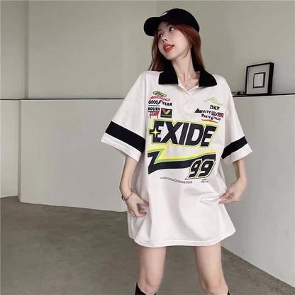 韓国系 オーバーサイズ POLOネック グラフィック ロング Tシャツ 三色 ゆったりワンピース＜U-4025＞