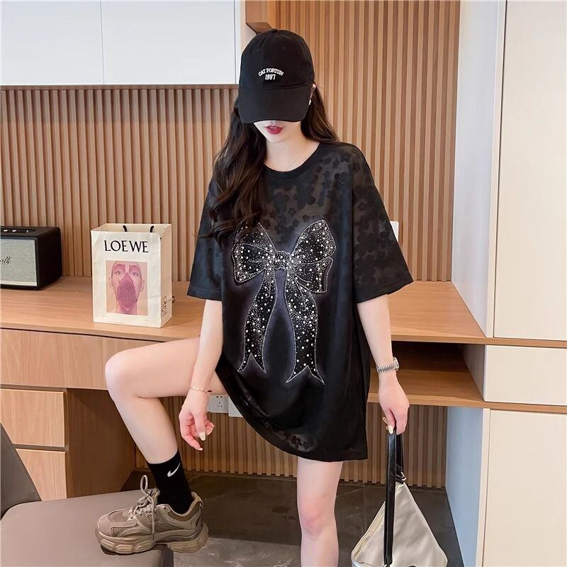 大人可愛い リボン カジュアル デザイン ゆったり 半袖 Tシャツ＜U-8659＞