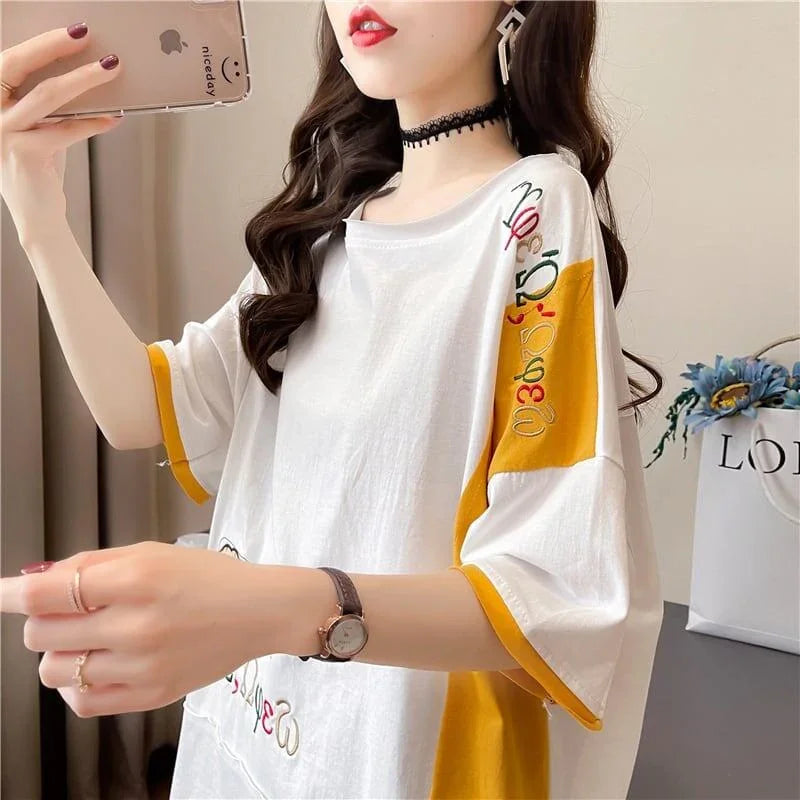 韓国風漫画刺繍ワッペン半袖Tシャツ<U-2991>