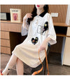 POLOネック 切り替え ストライプ柄 ロング Tシャツ ゆったりワンピース ＜U-3031＞