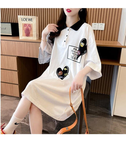 POLOネック 切り替え ストライプ柄 ロング Tシャツ ゆったりワンピース ＜U-3031＞