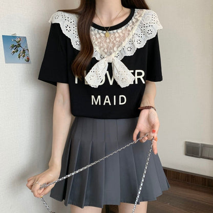 超人気 レース スウィート 切り替え プリント 3色選択 半袖Tシャツ＜U-8825＞