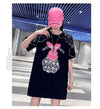 レースステッチアイスシルクニットルーズラビットプリント半袖Tシャツ<U-5038>