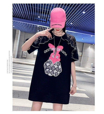 レースステッチアイスシルクニットルーズラビットプリント半袖Tシャツ<U-5038>