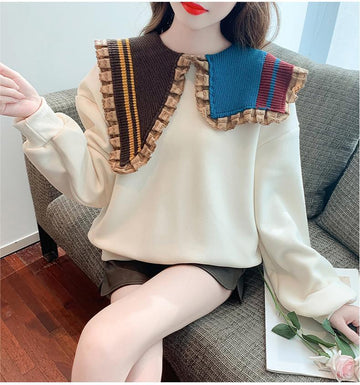【秋の初めの割引！！】好感度UP フリル 折り襟 二色 配色 スウェット長袖Tシャツ＜U-3999＞