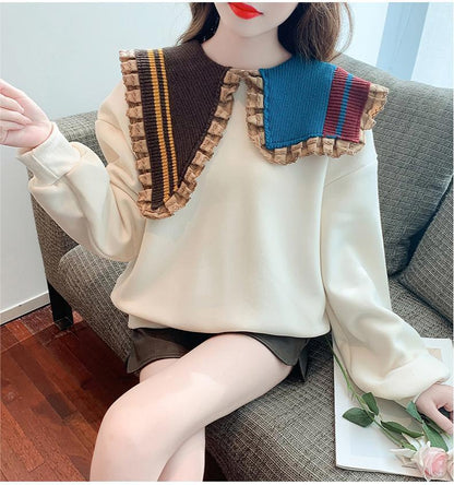 【秋の初めの割引！！】好感度UP フリル 折り襟 二色 配色 スウェット長袖Tシャツ＜U-3999＞