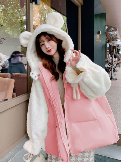美人度アップもこもこボア厚手 3色 アニマルパーカー もこもこパーカーコート<U-12384>
