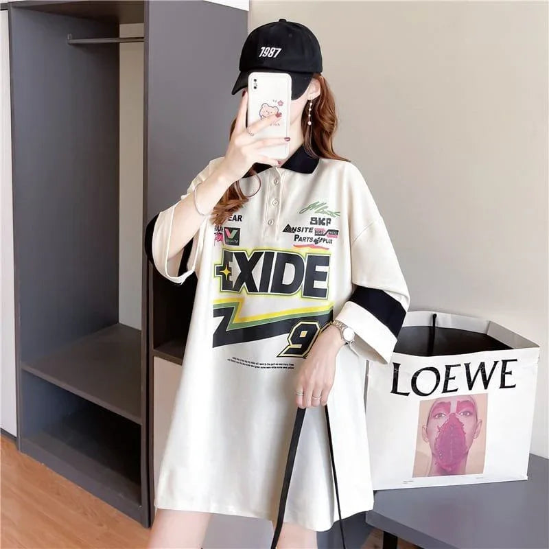 質感のいい ロング POLOネック プリントTシャツ ゆったり半袖 ＜U-2928＞