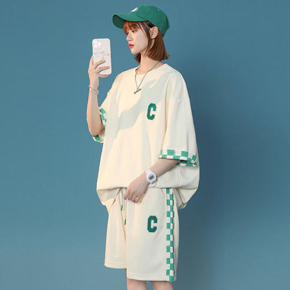 超人気  ルーズ アメリカンスタイルのカジュアルなクロップドジャケット<U-5164> 半袖Ｔシャツⅹパンツセット全2色 <U-8209>
