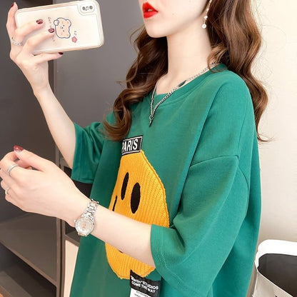 質感のいい ニコちゃん刺繍 スマイル ロング Tシャツ ゆったり半袖 ＜U-2947＞
