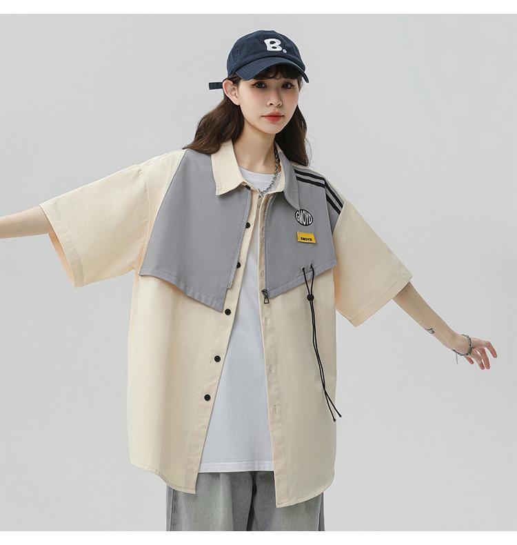 シンプルだけど一癖あるコーデ 切り替え レイヤード風 全2色 半袖Tシャツ<U-9046>