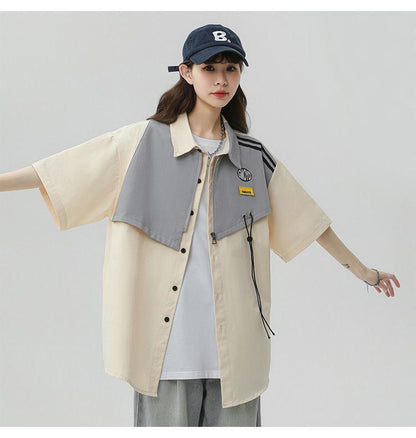 シンプルだけど一癖あるコーデ 切り替え レイヤード風 全2色 半袖Tシャツ<U-9046>