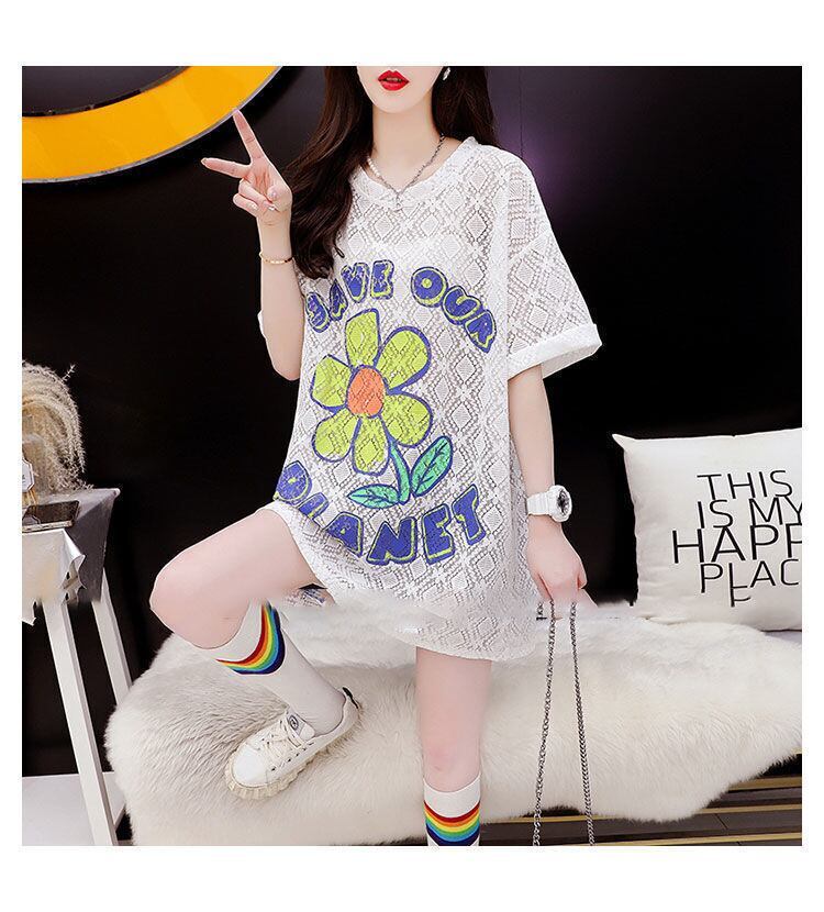 【半額！期間限定！！】新商品 切り替え 一目惚れ 透かし彫り プリント Tシャツ カットソー＜U-8523＞