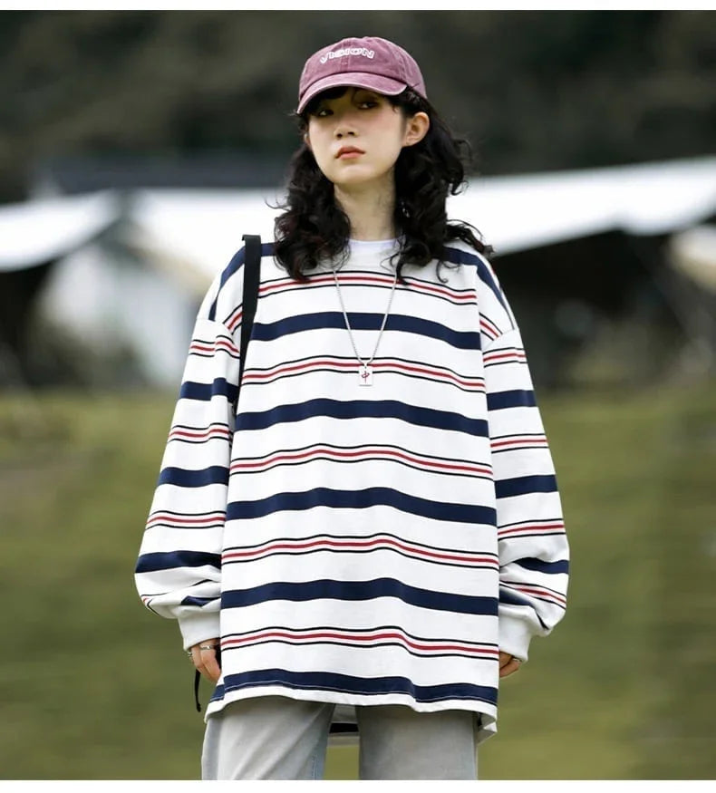 おすすめ 二色 ストライプ柄切り替え 長袖Ｔシャツ トップス＜U-4129＞