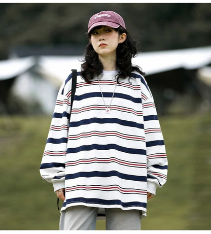 おすすめ 二色 ストライプ柄切り替え 長袖Ｔシャツ トップス＜U-4129＞